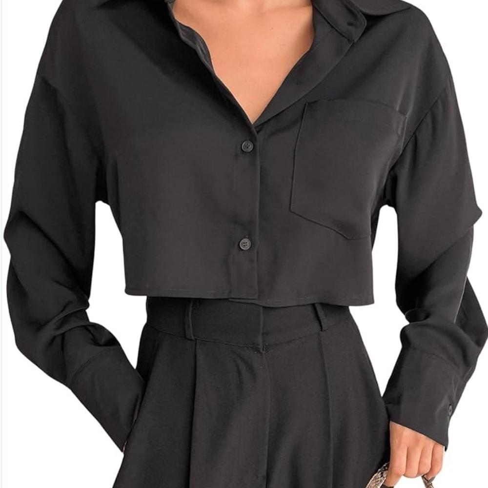 White Fox Black Cropped Button Down